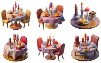 PNG candlelight dinner 3d collection, in cartoon style minimal on transparent, white background, isolate
