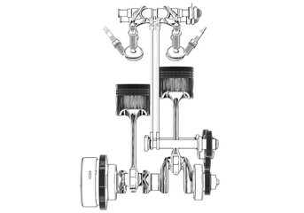 Two-cylinder engine on a white background. 