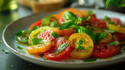 Beautifully plated heirloom tomato salad with basil.