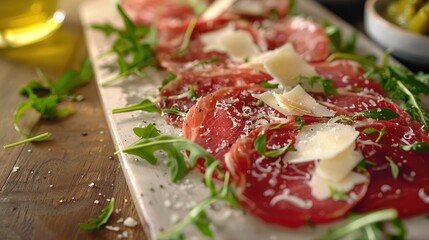 Beautifully presented carpaccio with Parmesan and arugula.