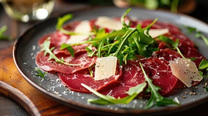 Beautifully presented carpaccio with Parmesan and arugula.
