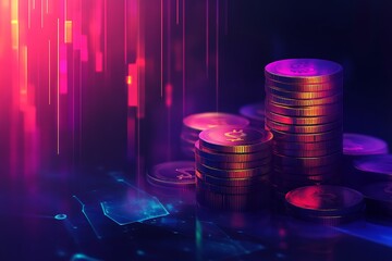 Neon light illuminates a stack of golden coins symbolizing financial success and wealth
