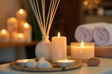 Candles, aromatic reed diffuser on spa salon table. Plumeria flowers, modern interior design, clean space, blurred background. Perfect for spa, wellness, relaxation, aromatherapy, massage, therapy,