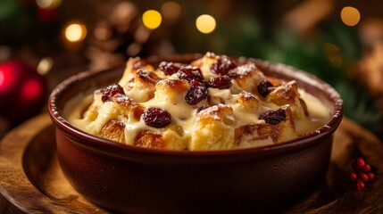 Christmas Bread Pudding with Vanilla Sauce and Cranberries