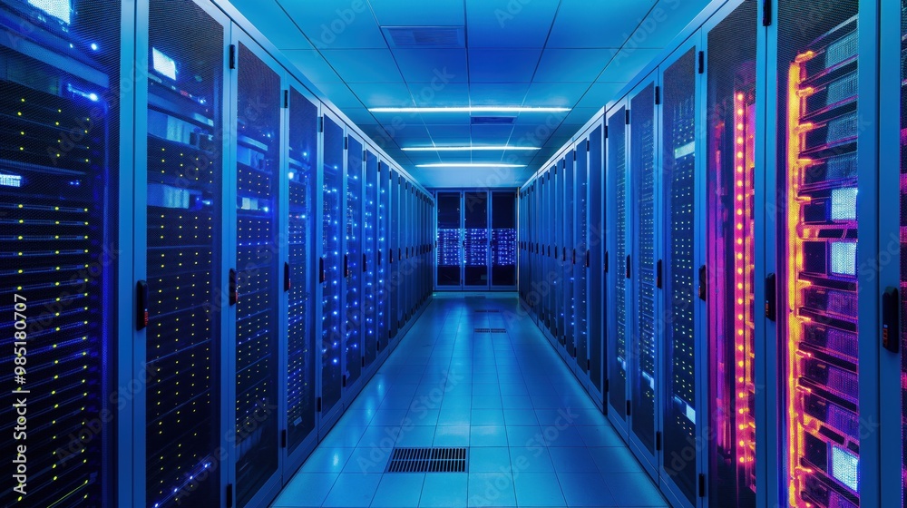 Poster long hallway with rows of computer servers in blue, white colors. monochromatic palette contrasted b