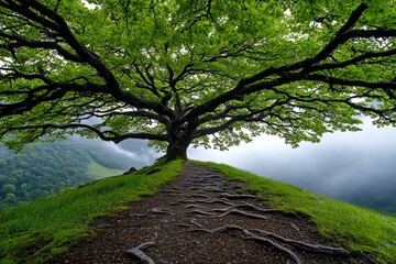 A trail lined with ancient trees, their branches reaching out like arms as the fog creeps between them