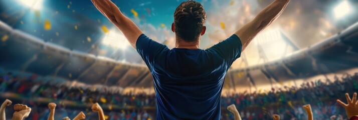 Vibrant soccer match scene from behind player in navy blue jersey raising arms in celebration as fans cheer in background, with blurred colors suggesting energy and movement typical of live game.