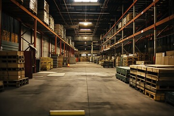 Fototapeta premium Large industrial warehouse interior with high ceiling and grid-like pattern of white beams. Cardboard boxes, wooden crates, metal beams on concrete floor. Light walls, dark ceiling create contrast.