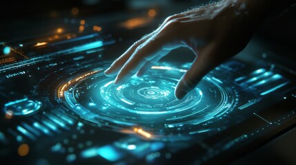Hand interacting with a futuristic interface.