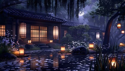Japanese garden with lanterns, trees, and ponds.