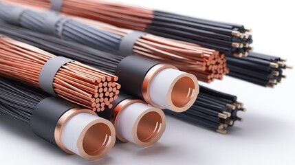Multi-strand copper core cables with single, two, and three-core wires in 3d perspective. Flexible and insulated conductors with PVC lead and twisted strand structure.
