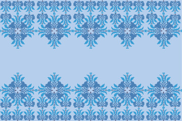 Geometric seamless fabric pattern, European native damask pattern, dark blue, light blue flowers, light blue background, vector illustration, wallpaper border
