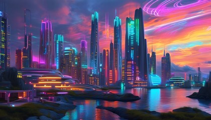 Futuristic neon-drenched cityscape featuring ultramodern architecture and holographic elements