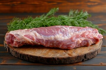 Fototapeta premium Raw Pork Loin on Wooden Cutting Board with Dill