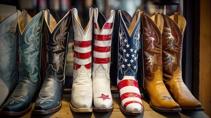Close-up of cowboy boots with American flag design in downtown Nashville store. Brown leather boots with flag embroidery, sold in shop on sale. Male footwear accessory.