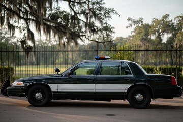 Side view of a security patrol car parked outdoors. The vehicle has a sleek modern design with a dark color scheme and tinted windows. A person is visible in the driver seat with a half-face view.