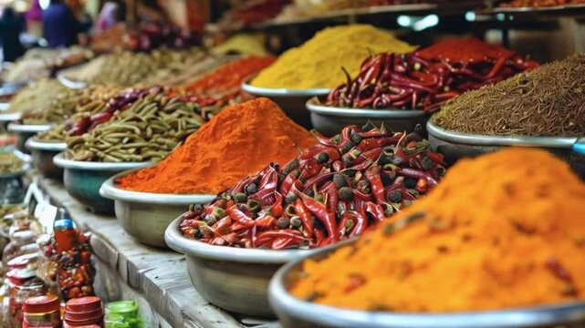 Vibrant Display of Spices in Bowls at an Open-Air Market Stall