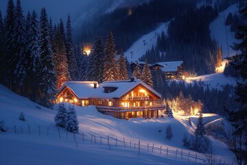 Fototapeta premium Cozy cottage in ski resort surrounded by trees in winter. Illuminated by soft lights, cottage stands out against snowy backdrop. Wooden structure adorned with modern architectural elements, creating