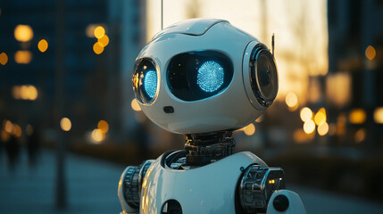 A simple white robot AI artificial intelligence standing on a city street
