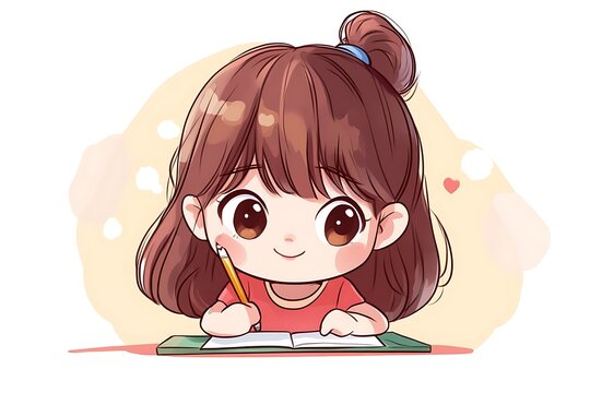 Cute cartoon girl with brown hair writing in a notebook with a pencil.