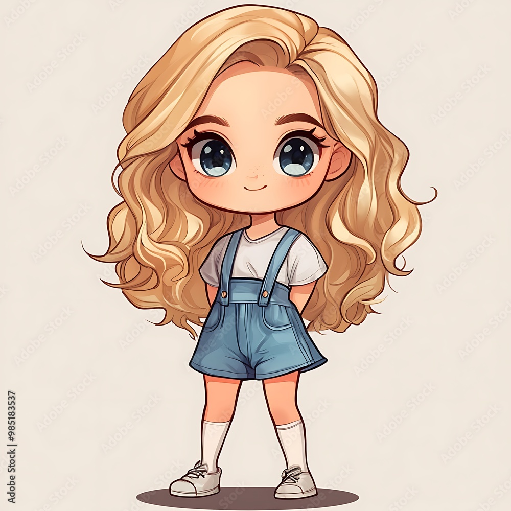 Poster Cute chibi girl with blonde hair and blue overalls, cartoon illustration