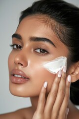 Young South Asian woman applies white cream to face in neutral gray background studio setting, beauty product application, facial care. Composition focuses on model face, providing copyspace for