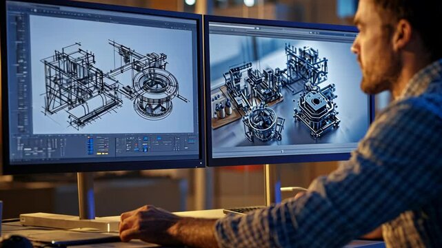 Man designs industrial machinery at workstation with dual monitors in modern workspace late at night