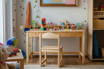 Wooden table, chair set in cozy room with various toys. Wooden furniture, blocks, puzzles, books, dolls. Kids play, learn, create with arts, crafts. Colourful toys, furniture for imaginative play.