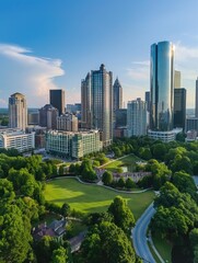 Fototapeta premium Vertical drone shot of Downtown Atlanta with modern skyscrapers and large green park. Green plants and water features blend with urban landscape. Blue sky with white clouds completes the scene.