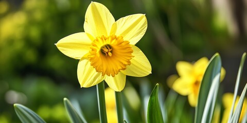 Obraz premium A bright yellow daffodil in full bloom, its petals soft and detailed, surrounded by green leaves