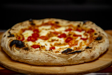 Traditional Brazilian artisan chicken pizza with catupiry cheese. Frango com catupiry
