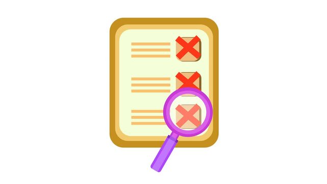 Incomplete checklist with review. Cartoon animation in Transparent background. Suitable for failed document check and scan task progress video content. Alpha channel