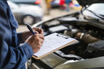 Mechanic inspects engine to estimate repair costs. Automobile engineer checks vehicle maintenance records on clipboard. Repair shop technician documents damage for insurance quote.