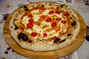 Traditional Brazilian artisan chicken pizza with catupiry cheese. Frango com catupiry