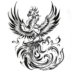 Obraz premium Black, white drawing of majestic phoenix in fantasy theme. Bird depicted in isolation on white background with graphic lines, doodle-like strokes, creating striking artwork for tattoo design