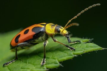 Fototapeta premium Vibrant orange and black ladybug in mid-flight on green leaf. Wings spread wide, body with black spots, contrasting colors. Lush leaf background slightly blurred from ladybug fast flight.