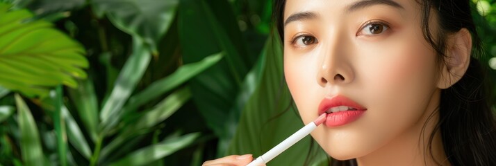 Asian model woman applies pink lip balm on lips from tube in beauty studio promo. Green plant adds natural element to composition with copyspace and face left side of photo.