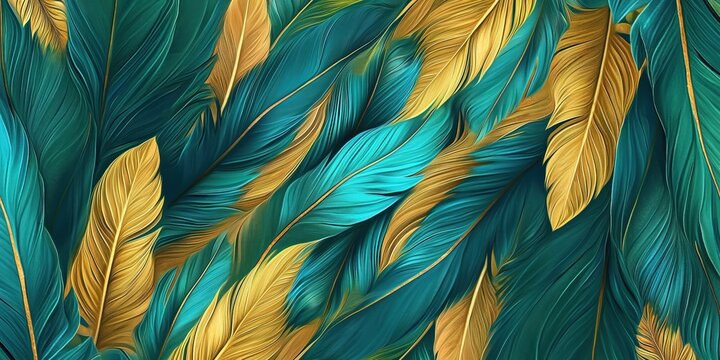 Abstract background features vibrant turquoise and golden feathers pattern texture. Colorful, intricate design combines elements of nature with decorative flair.