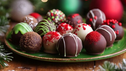 A Collection of Gourmet Chocolate Truffles with Festive Decorations