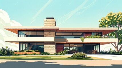 Modern Two-Story House with Balcony and Yard