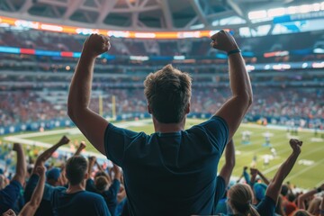 Man celebrates victory in a packed football stadium. He raises arms in excitement, surrounded by cheering fans in the background. The atmosphere is electric, filled with energy and camaraderie.