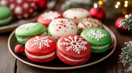 Fototapeta premium Festive Christmas Macarons Decorated with Snowflakes