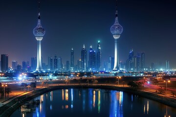 Illuminated skyscrapers in Kuwait City at night. Cityscape view of modern architecture with tower design. Celebrating national day with colorful lights and vibrant city background.