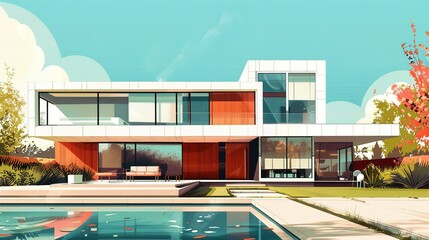 Fototapeta premium Modern white house with a swimming pool and a patio
