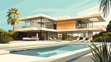 Modern House with Pool and Palm Trees in a Sunny Landscape