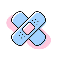 A blue and pink bandage with a white border is displayed on a white background. The bandage is designed to be cute and playful, with a touch of whimsy. The blue and pink colors are bright and cheerful