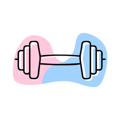 A cartoon image of a dumbbell with pink and blue accents. The dumbbell is drawn in a way that it looks like it is lifting something. The image has a playful and fun mood