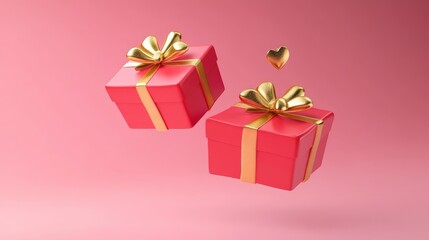 Obraz premium Two red gift boxes with gold ribbons and a golden heart floating on a pink background.