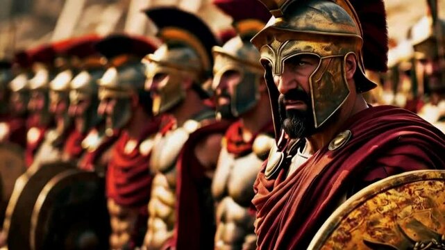 Roman Legionary Soldiers in Formation with Helmets and Shields