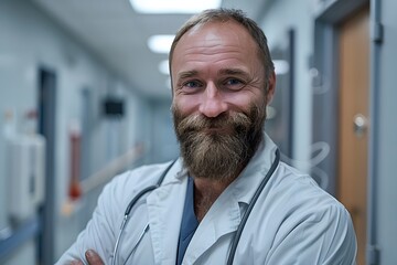 Tired bearded doctor on hospital break.